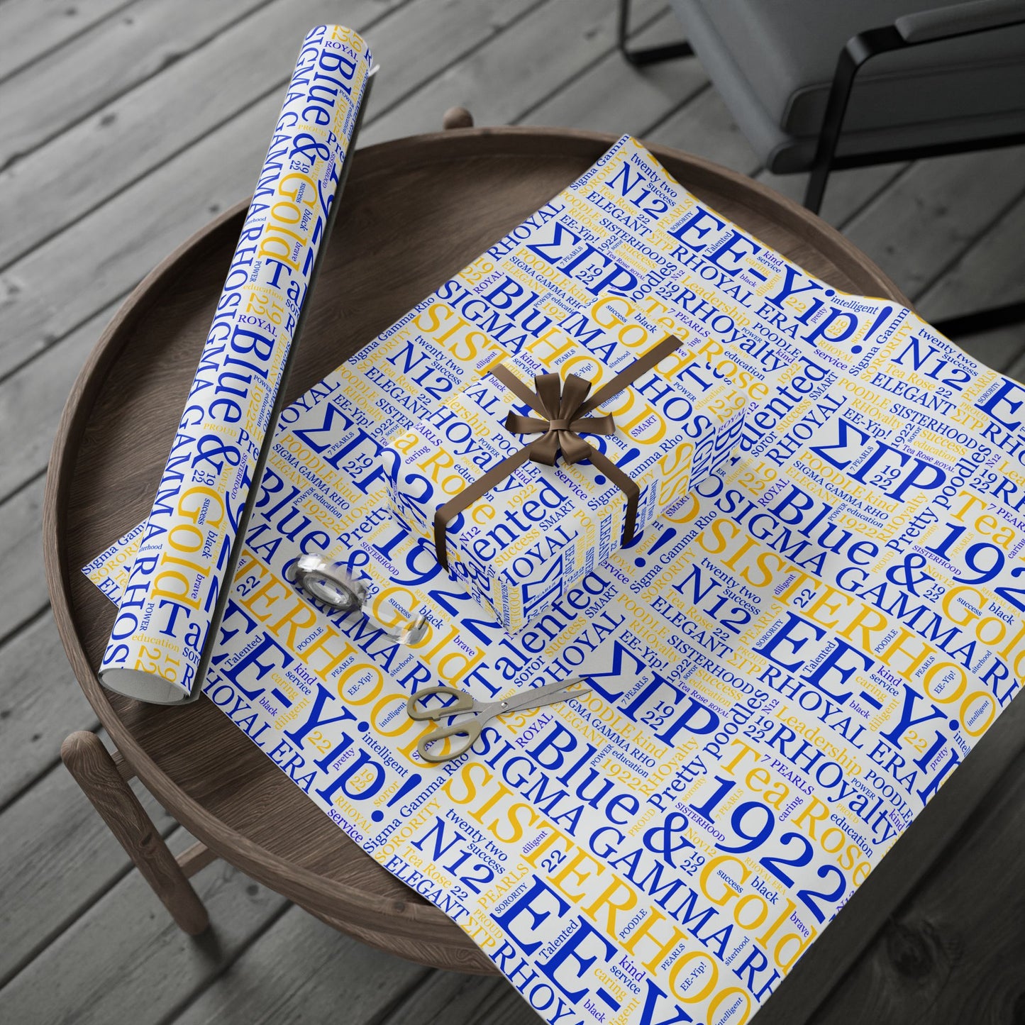 Sigma Gamma Rho Blue & Gold Sisterhood Wrapping Paper — '1922 EE-Yip!' Word Cloud Gift Wrap