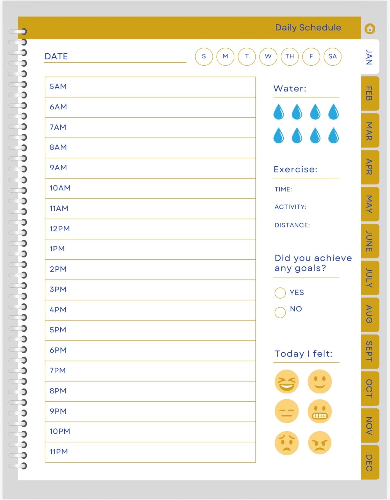 Daily schedule planner with time slots, water intake tracker, exercise log, and mood rating.