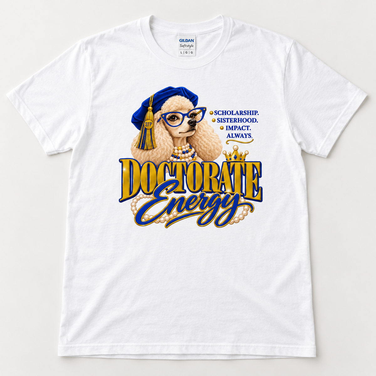Doctorate Energy design on white Gildan Softstyle shirt flat lay