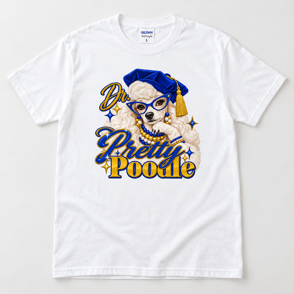 Dr. Pretty Poodle design on white Gildan Softstyle shirt flat lay