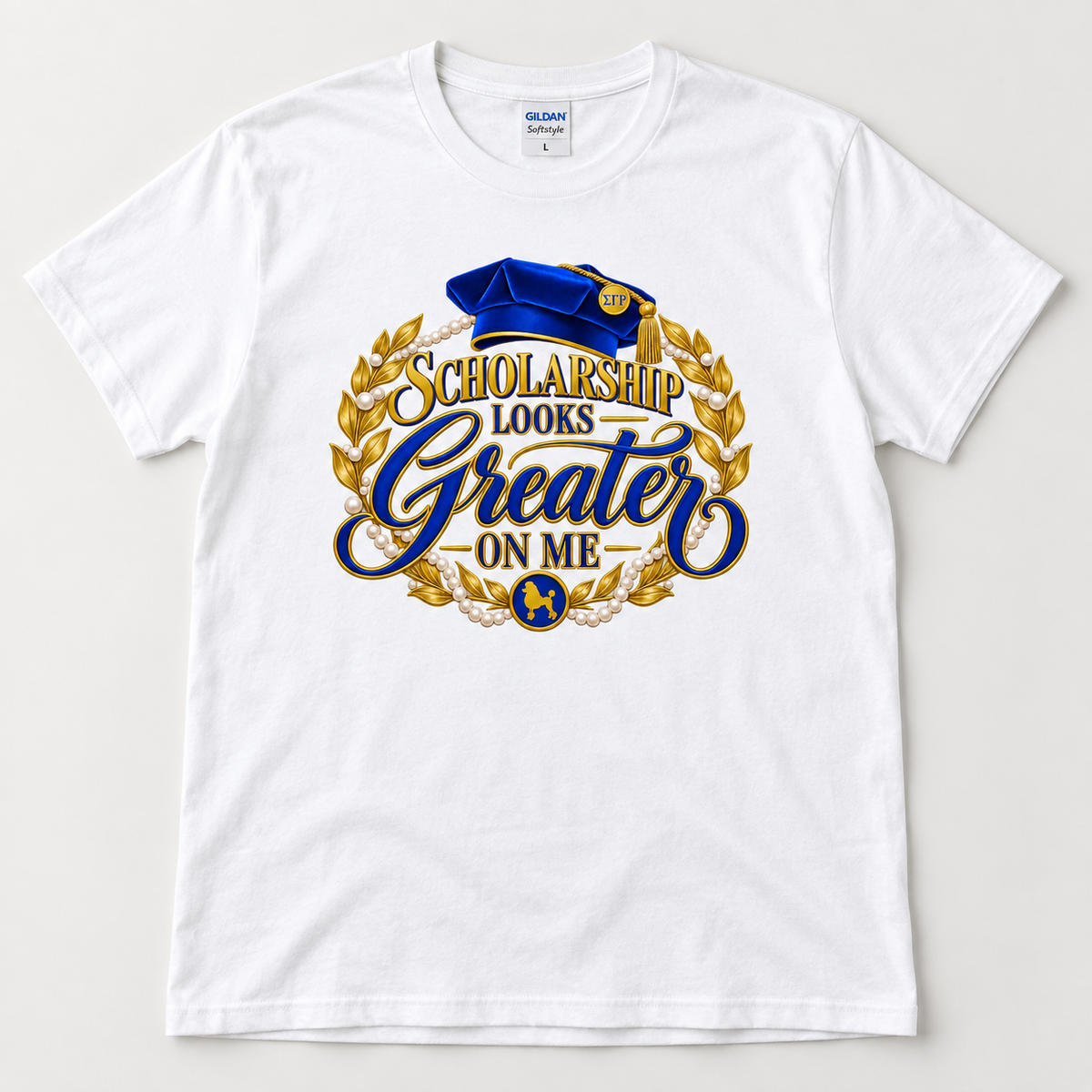 Scholarship Looks Greater on Me design on white Gildan Softstyle shirt flat lay