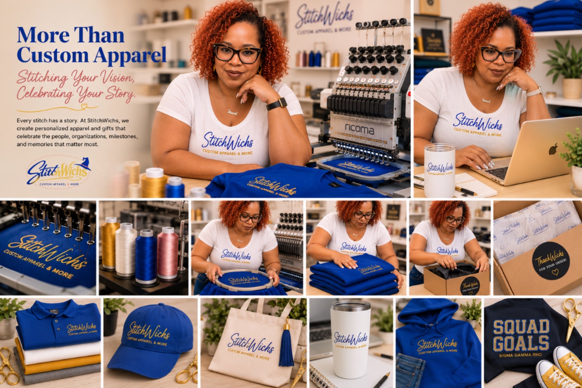 Nicole at work in the StitchWichs studio with embroidery, apparel, and packaging