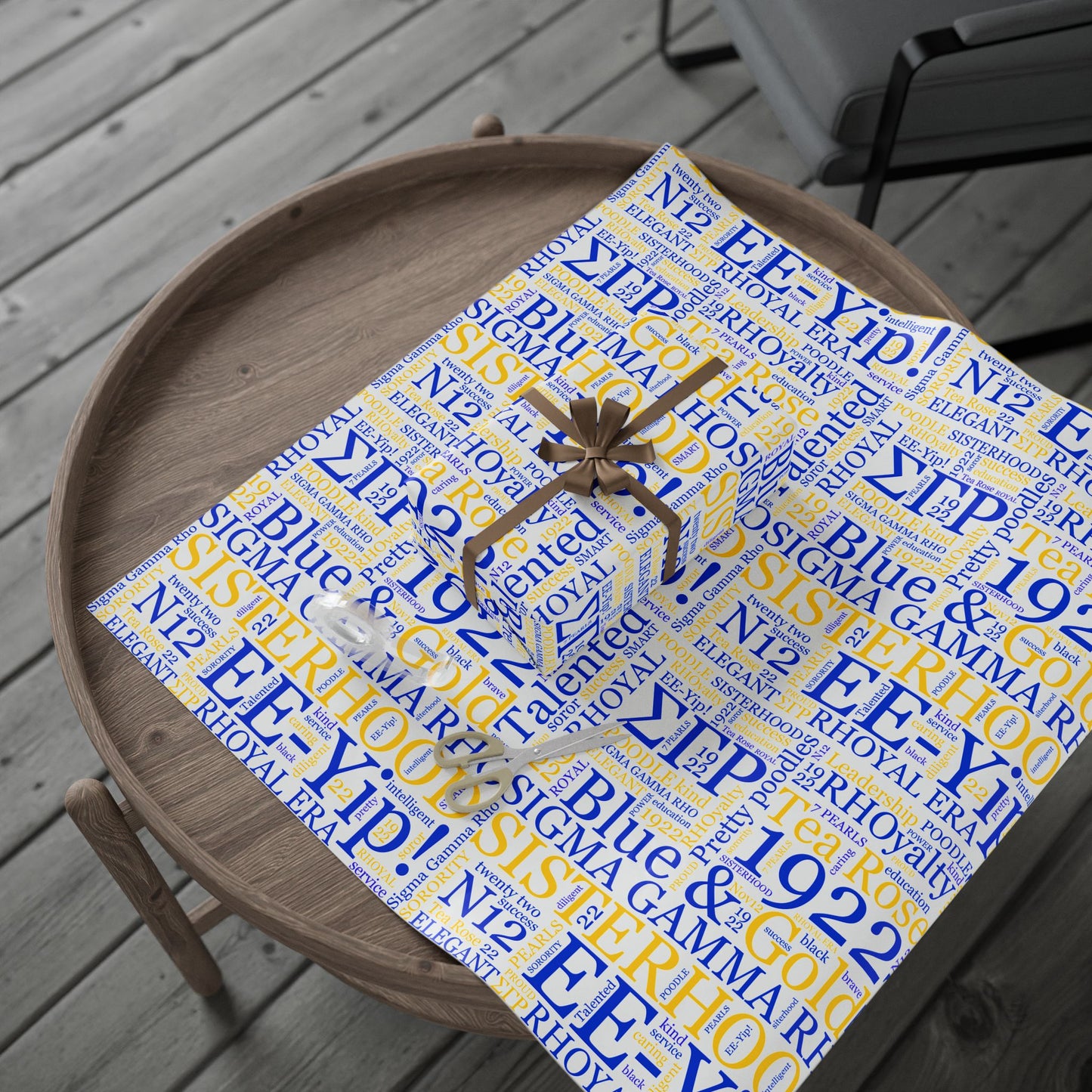 Sigma Gamma Rho Blue & Gold Sisterhood Wrapping Paper — '1922 EE-Yip!' Word Cloud Gift Wrap