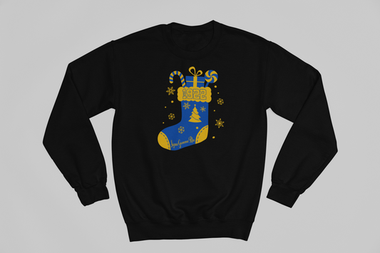 Black sweatshirt with a blue and gold Sigma Gamma Rho Christmas stocking design on a gray background