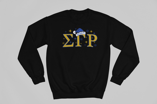 Black sweatshirt Sigma Gamma Rho Greek letters and a Santa hat in blue and gold on a gray background