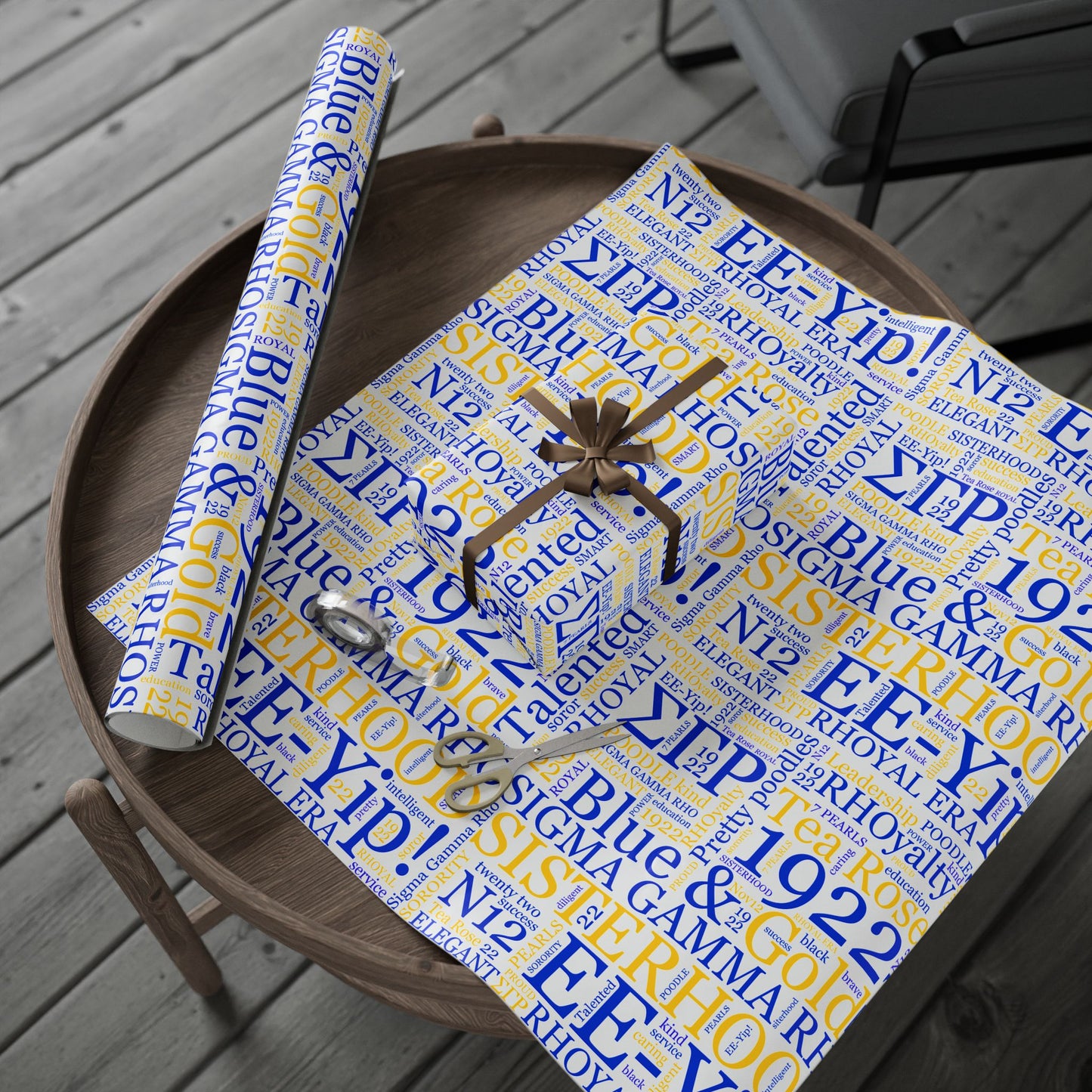 Sigma Gamma Rho Blue & Gold Sisterhood Wrapping Paper — '1922 EE-Yip!' Word Cloud Gift Wrap