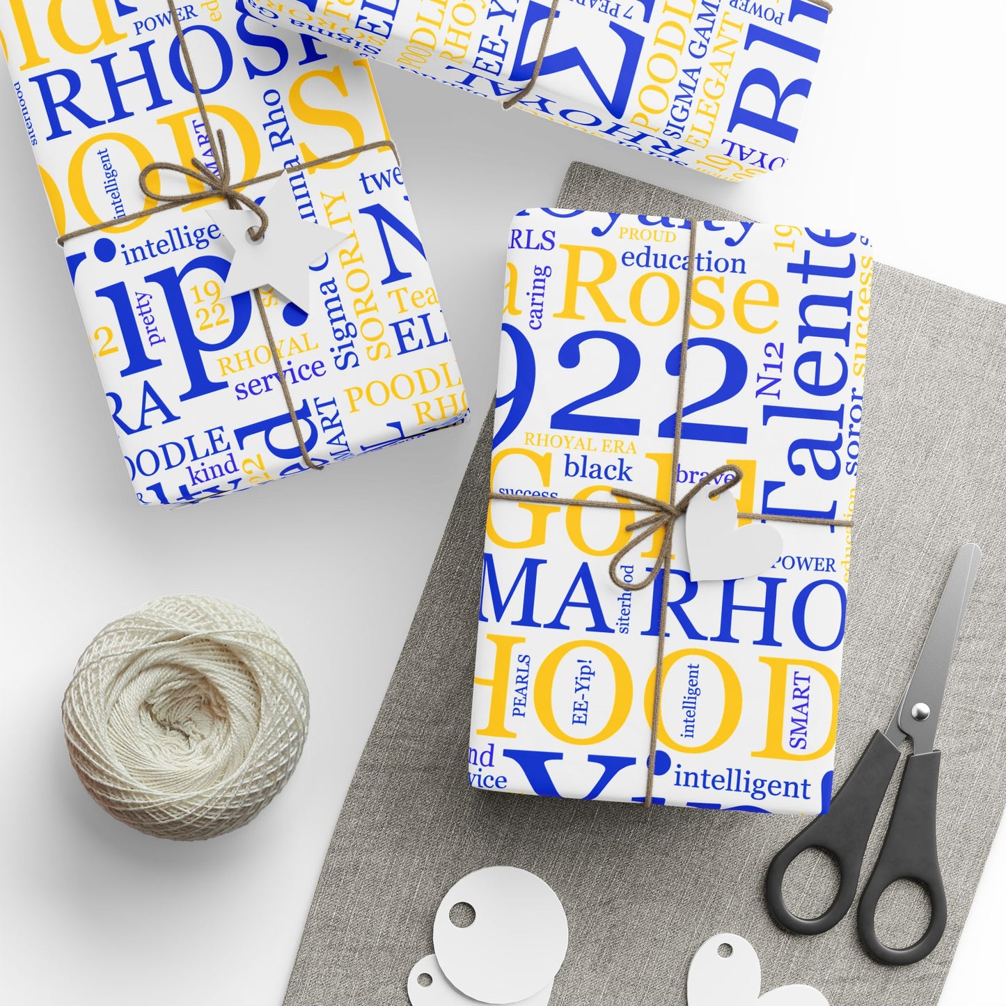 Sigma Gamma Rho Blue & Gold Sisterhood Wrapping Paper — '1922 EE-Yip!' Word Cloud Gift Wrap