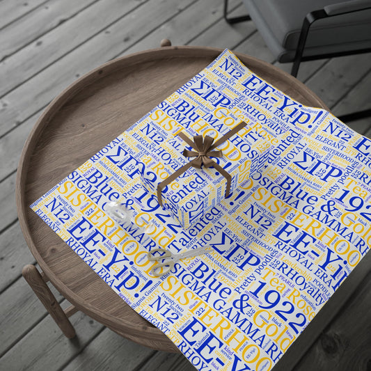 Sigma Gamma Rho Blue & Gold Sisterhood Wrapping Paper — '1922 EE-Yip!' Word Cloud Gift Wrap