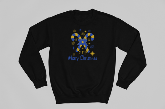 Black sweatshirt with Sigma Gamma Rho Candy Cane Christmas themed design and text on a gray background