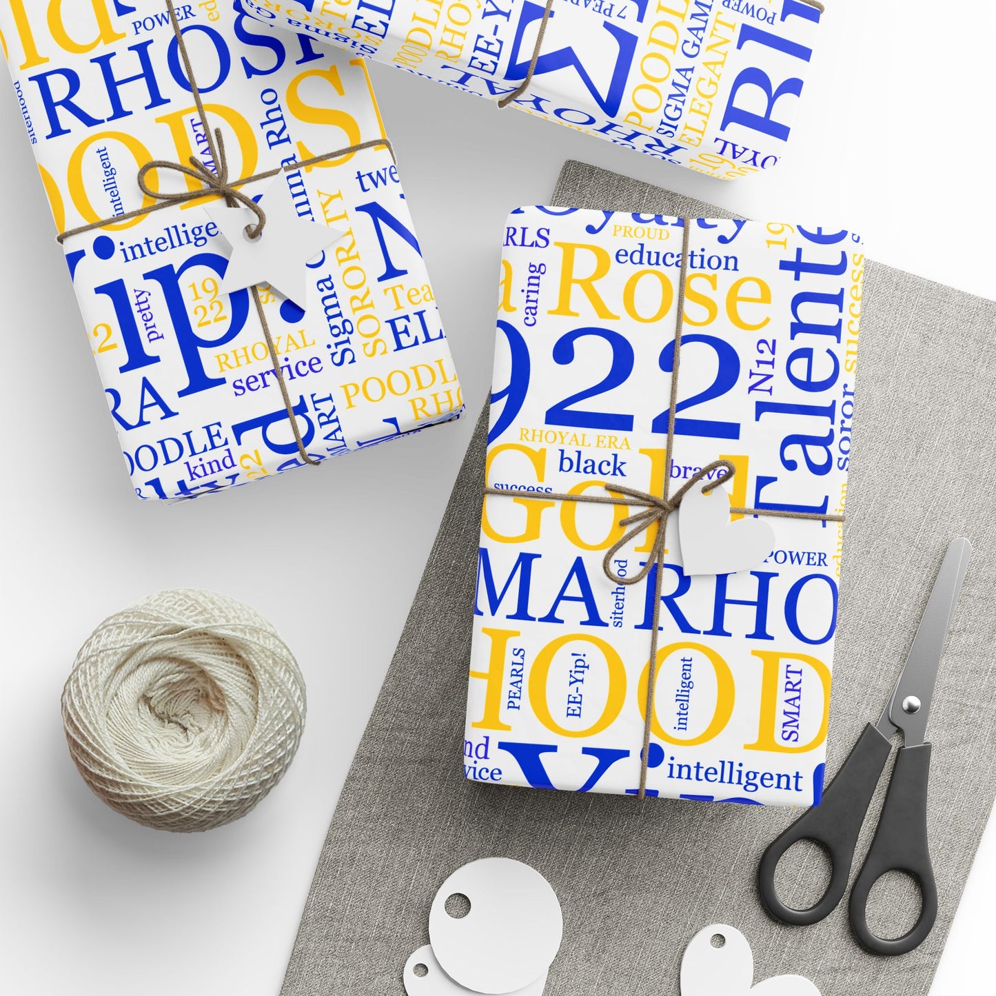Sigma Gamma Rho Blue & Gold Sisterhood Wrapping Paper — '1922 EE-Yip!' Word Cloud Gift Wrap