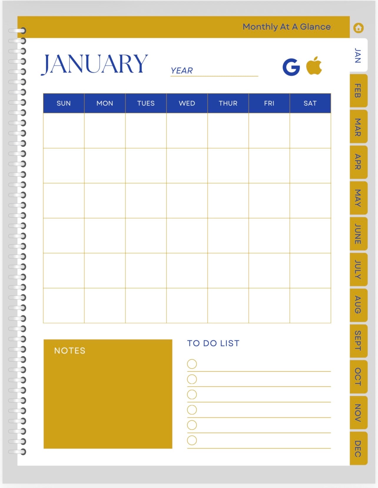Monthly planner with January on top, showing a grid layout with notes and to-do list sections.