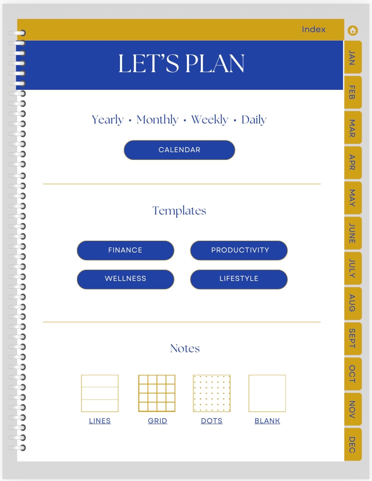 Planner with tabs for yearly, monthly, weekly, and daily planning, featuring finance, productivity, wellness, and lifestyle templates.