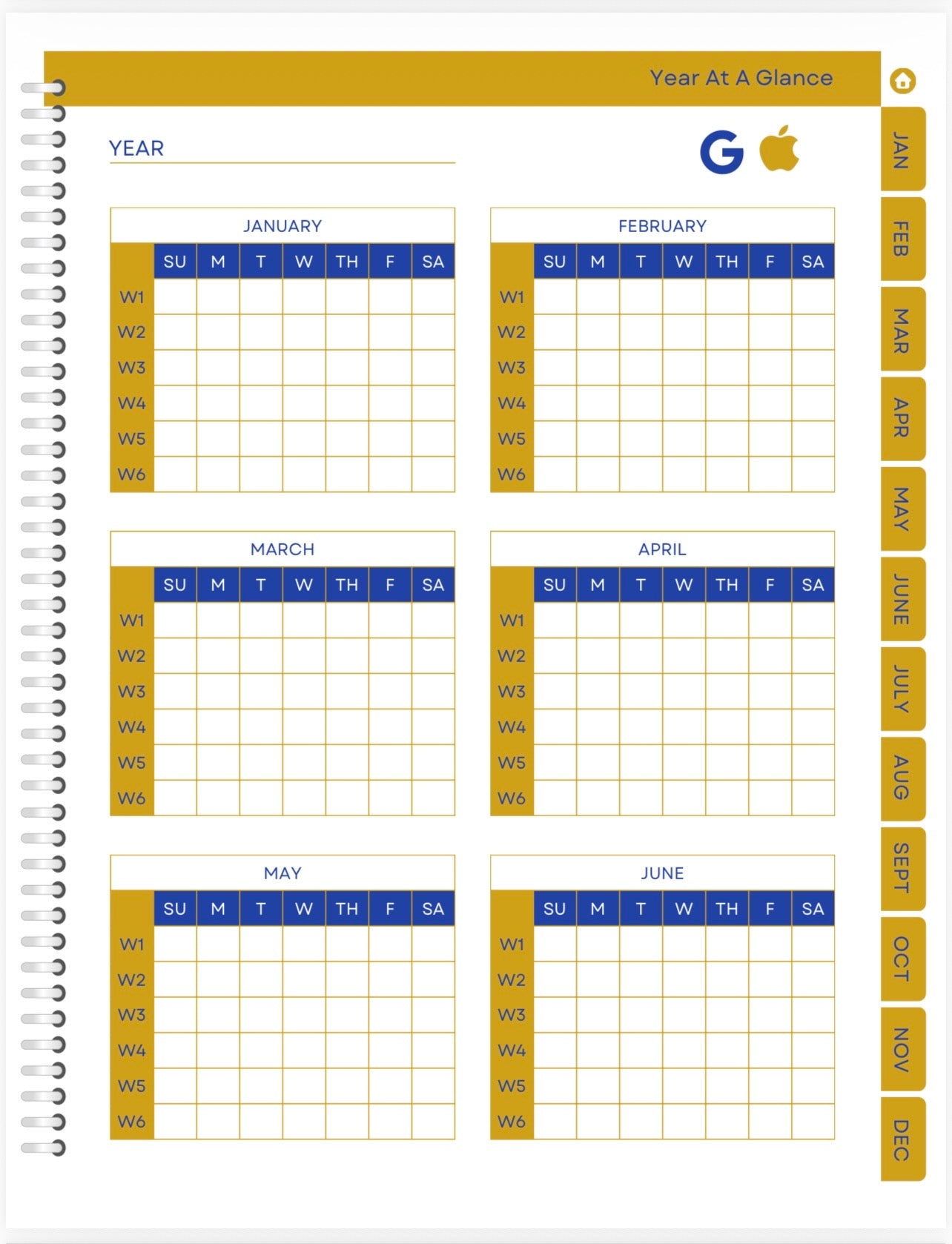 Yearly planner calendar with grid layout and brand logo on a white background