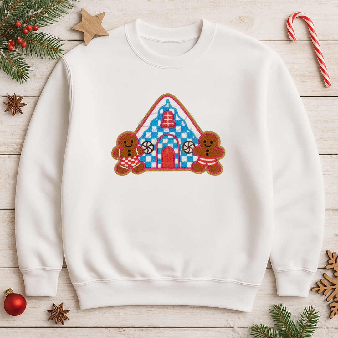 White sweatshirt with a gingerbread house design on a wooden surface with Christmas decorations.