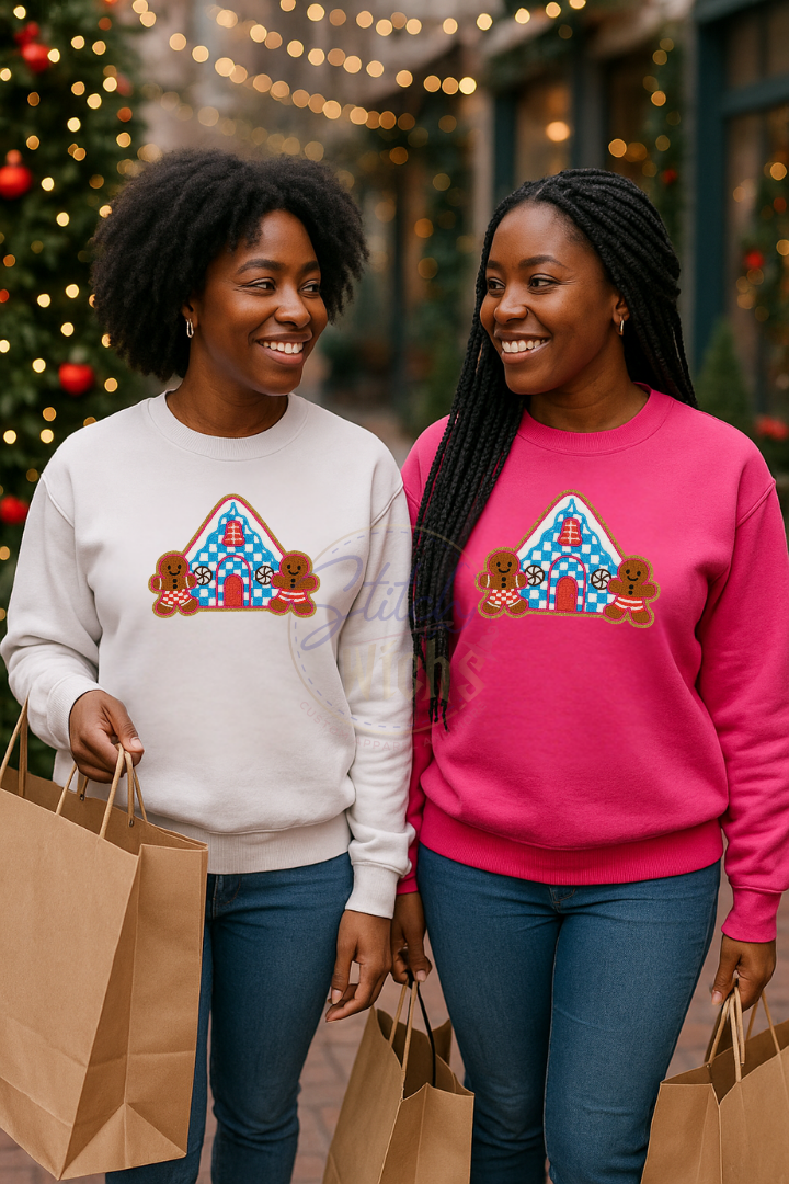 Two women wearing festive sweaters with gingerbread house designs, standing in a decorated outdoor setting.