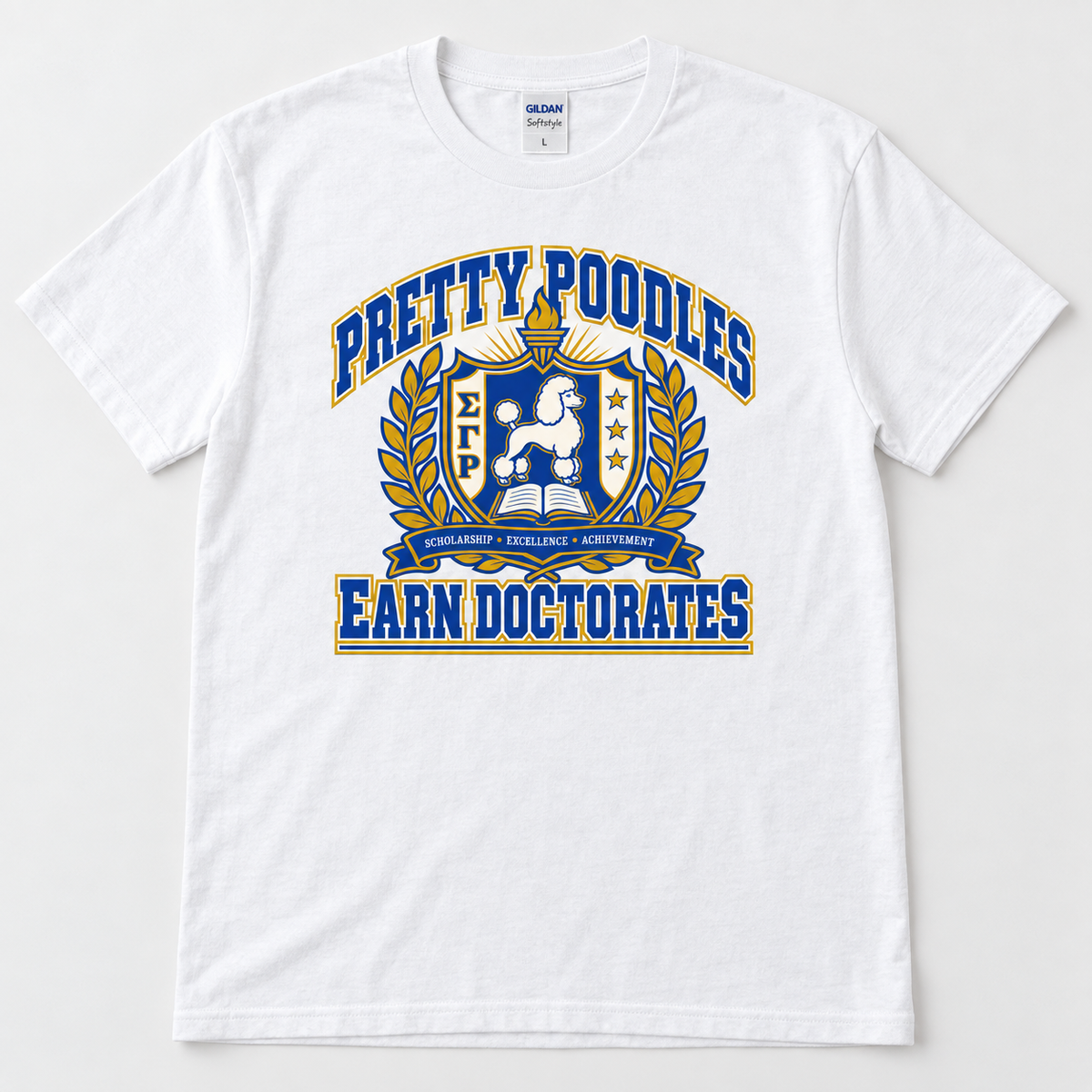 Pretty Poodles Earn Doctorates design on white Gildan Softstyle shirt flat lay
