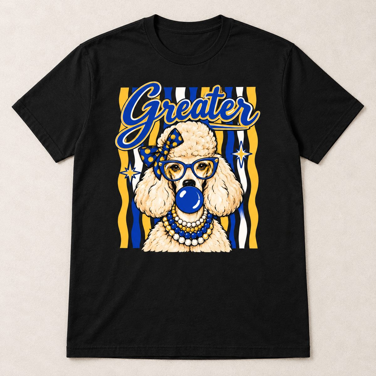 Pretty Poodles Greater design on a black t-shirt flat lay