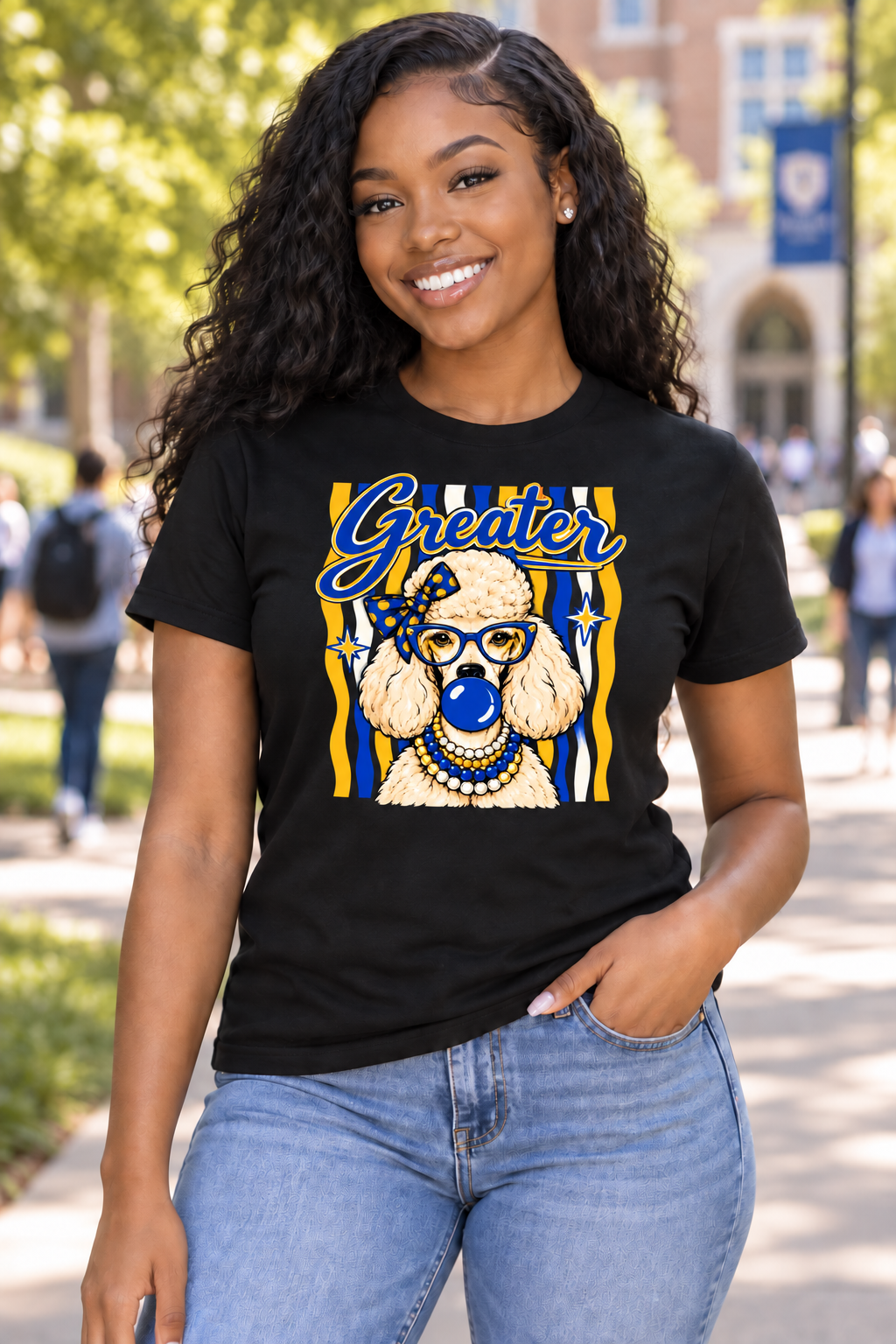 College student wearing the Pretty Poodles Greater black t-shirt