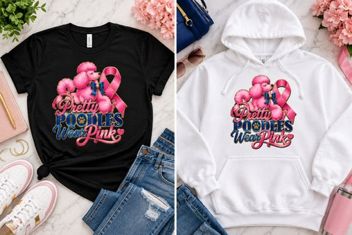 Pretty Poodles Wear Pink design shown on a black T-shirt and white hoodie flat lay