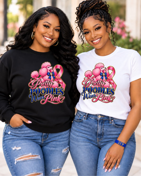 Two women wearing Pretty Poodles Wear Pink apparel in black and white