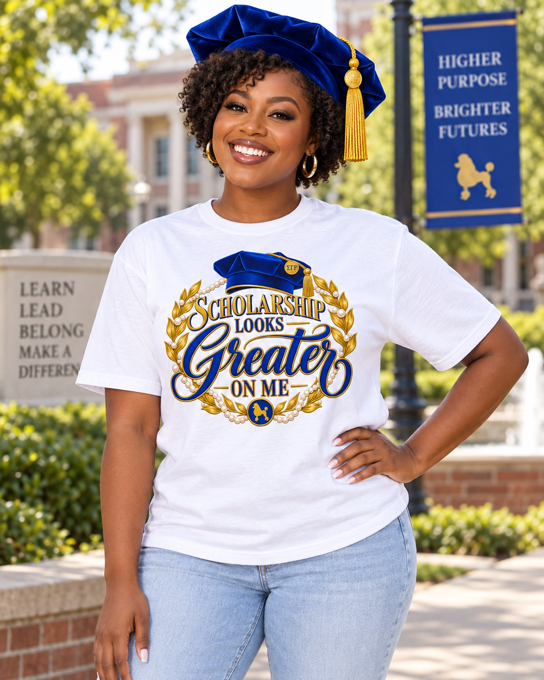 Black woman wearing Scholarship Looks Greater on Me white shirt and royal blue doctoral tam on a university campus